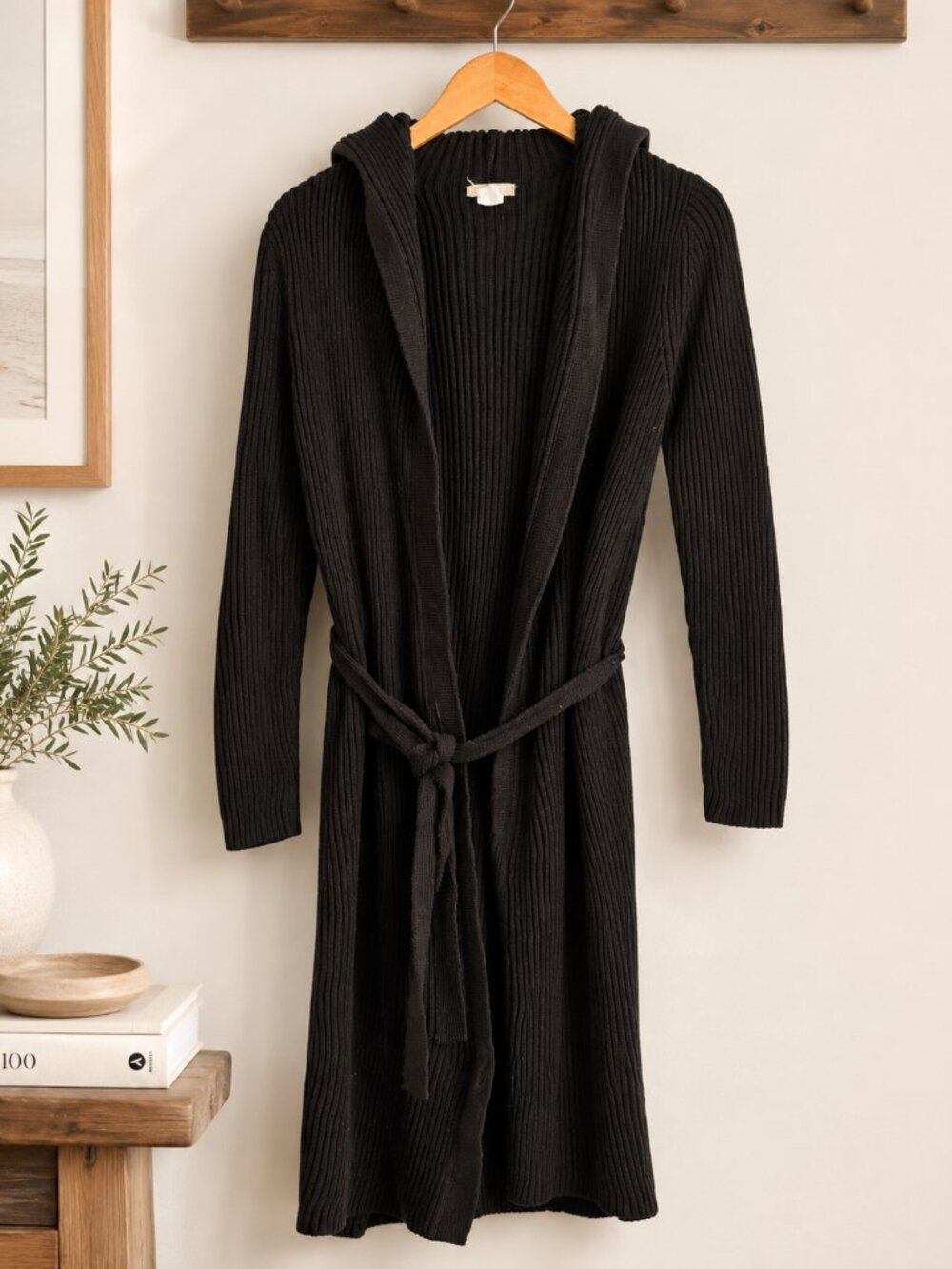 J. Crew Ribbed Knit Cardigan Black Hooded Duster Y2K Sweater Cotton XS